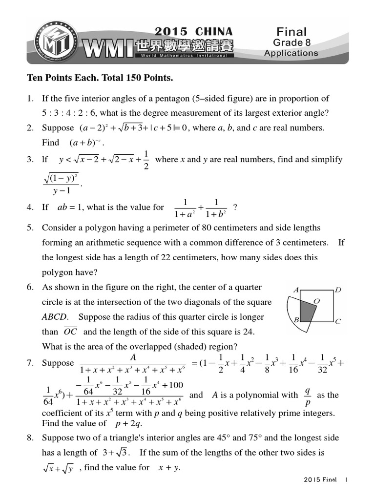 Ten Points Each. Total 150 Points.: C B A A, B, and C Are Real Numbers ...
