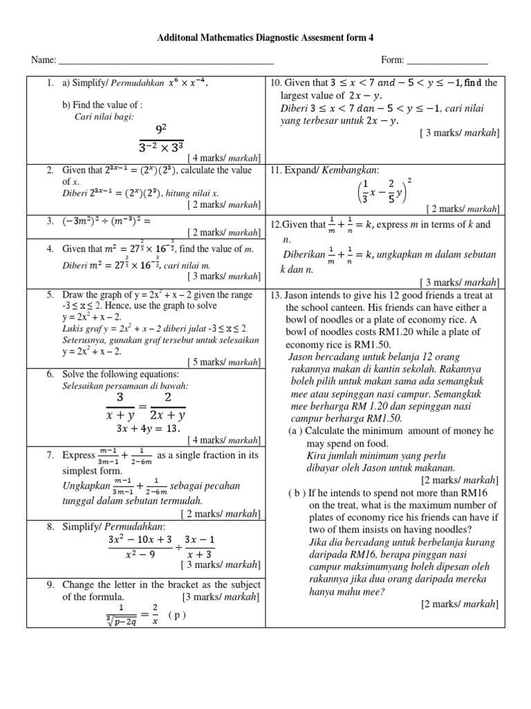 Additonal Mathematics Diagnostic Assesment Form 4 | PDF | Teaching ...