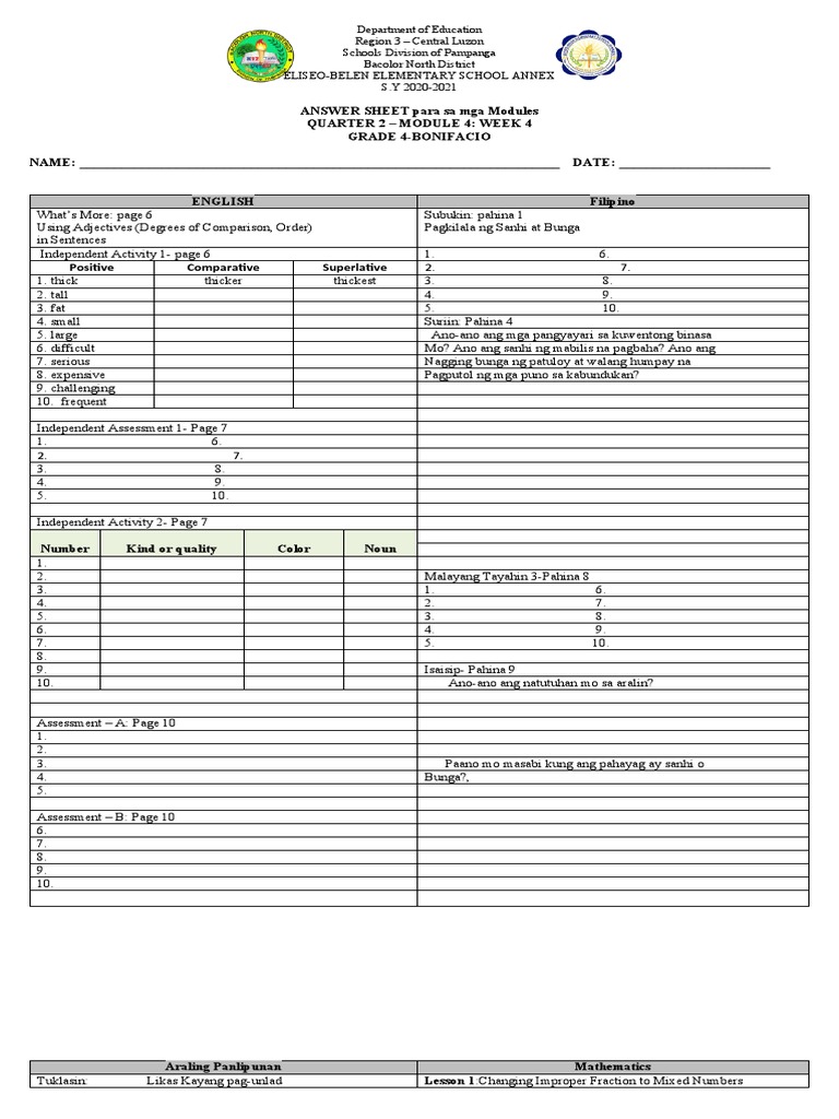 Answer Sheet Q2 Week 4 Bonifacio | PDF