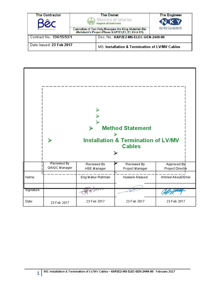 LV/MV Cable Installation Method Statement | PDF | Quality Assurance ...