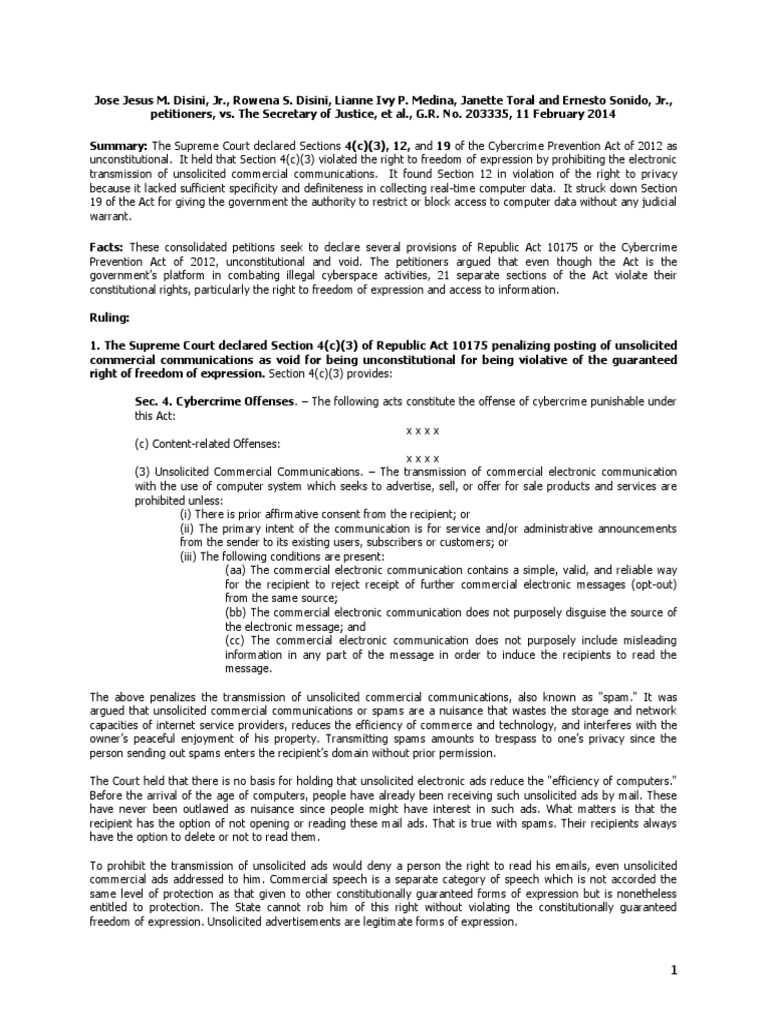 Disini vs sec of justice pdf search and seizure email spam