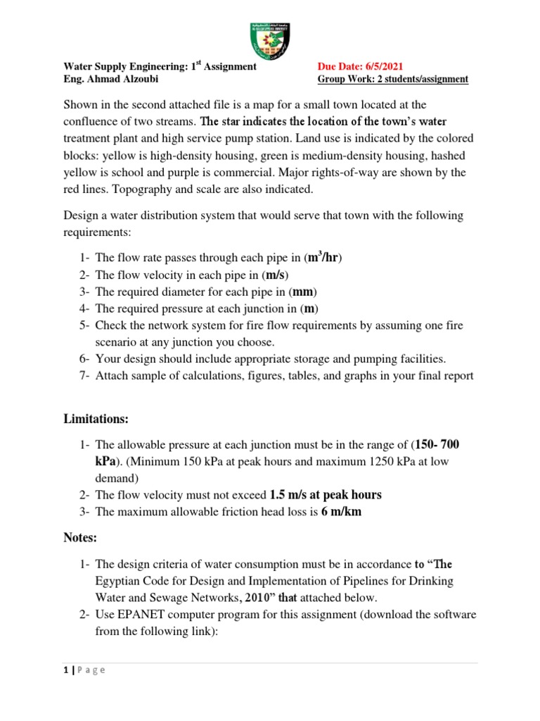 Water Supply Engineering 1 Assignment Eng. Ahmad Alzoubi Group Work