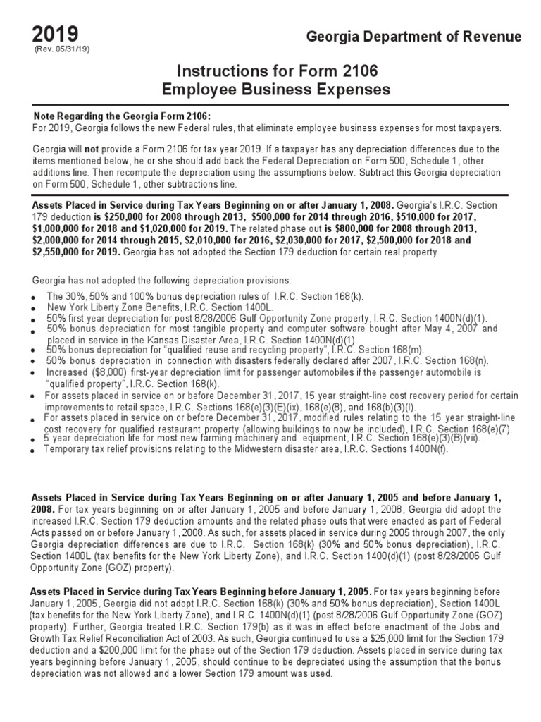 Instructions For Form 2106 Employee Business Expenses Department of Revenue PDF
