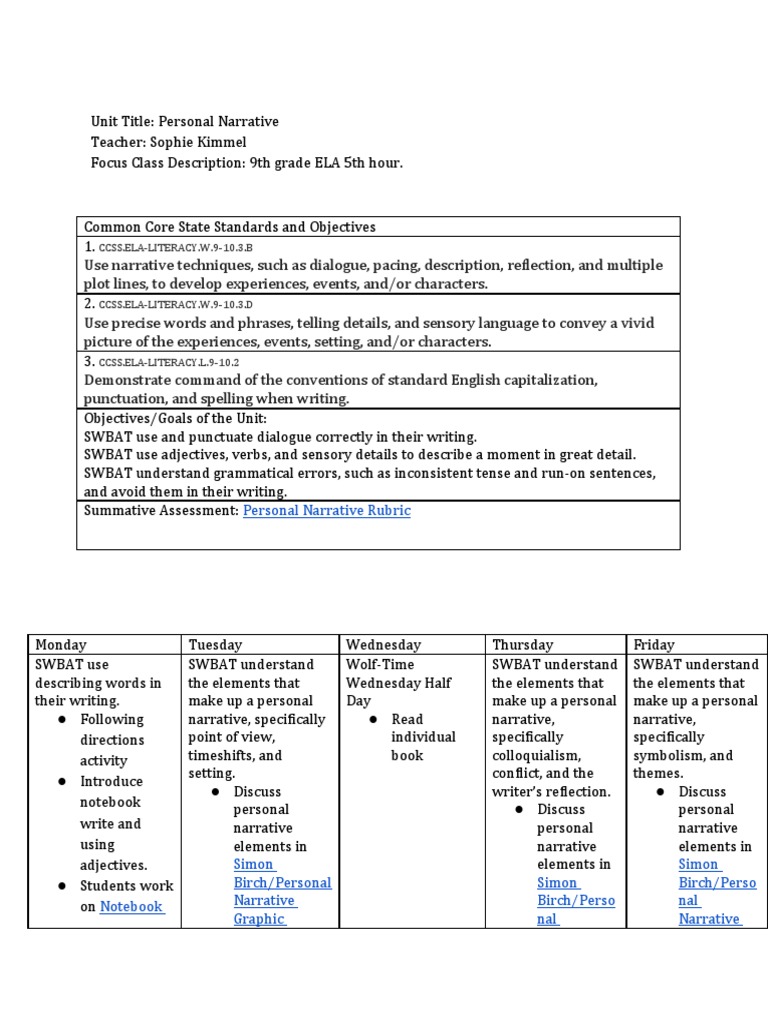 9th Grade Personal Narrative Unit Guide | PDF | Verb | Morphology