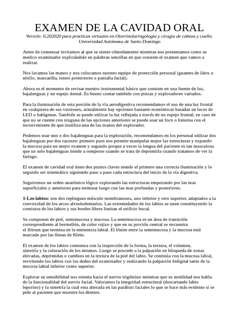 Examen Cavidad Oral 202020 | PDF | Odontología | Anatomía humana