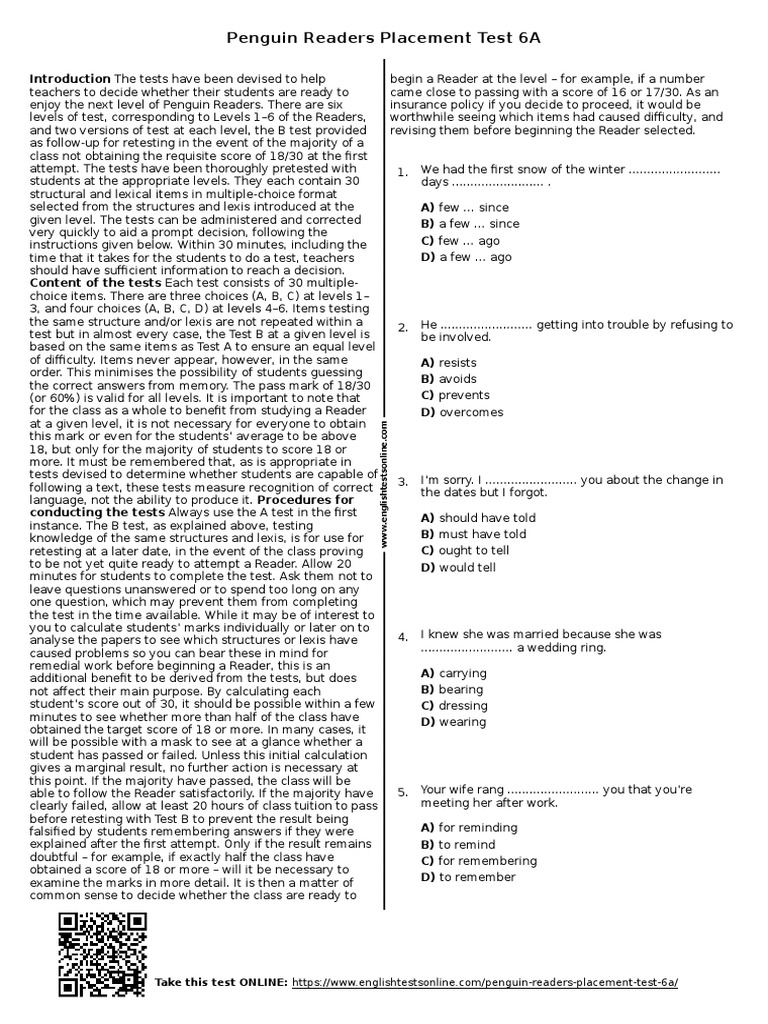 802 Penguin Readers Placement Test 6a PDF Multiple Choice