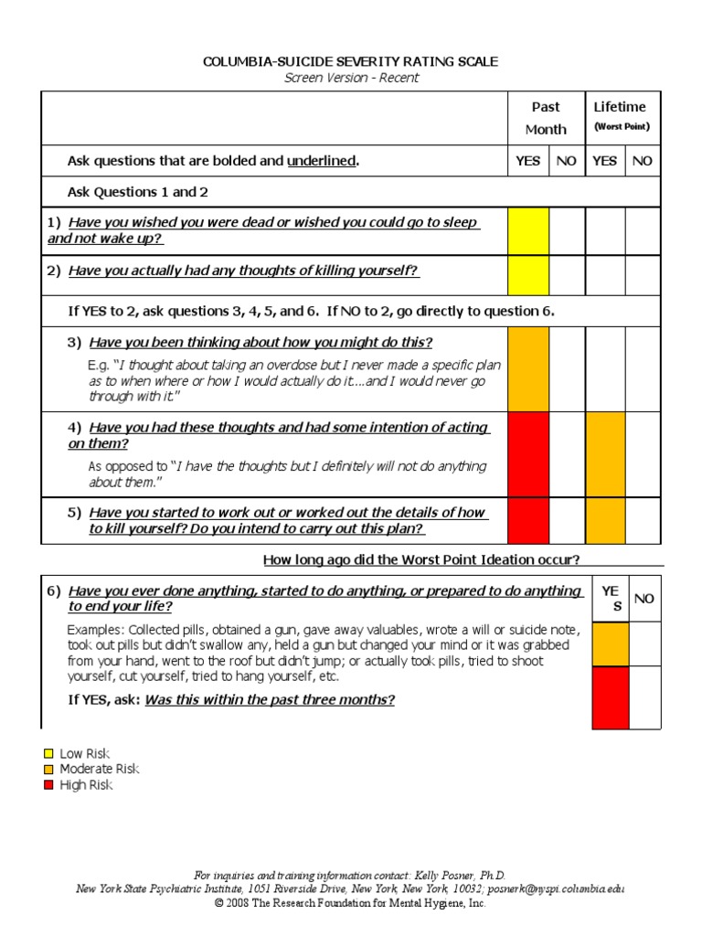 C SSRS Screener Lifetime Recent With Triage Colors 2018 | PDF ...