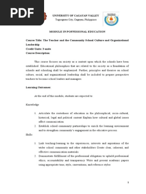 The Teacher and the Community School Culture and Organizational Leadership Soledad R. Taguibao