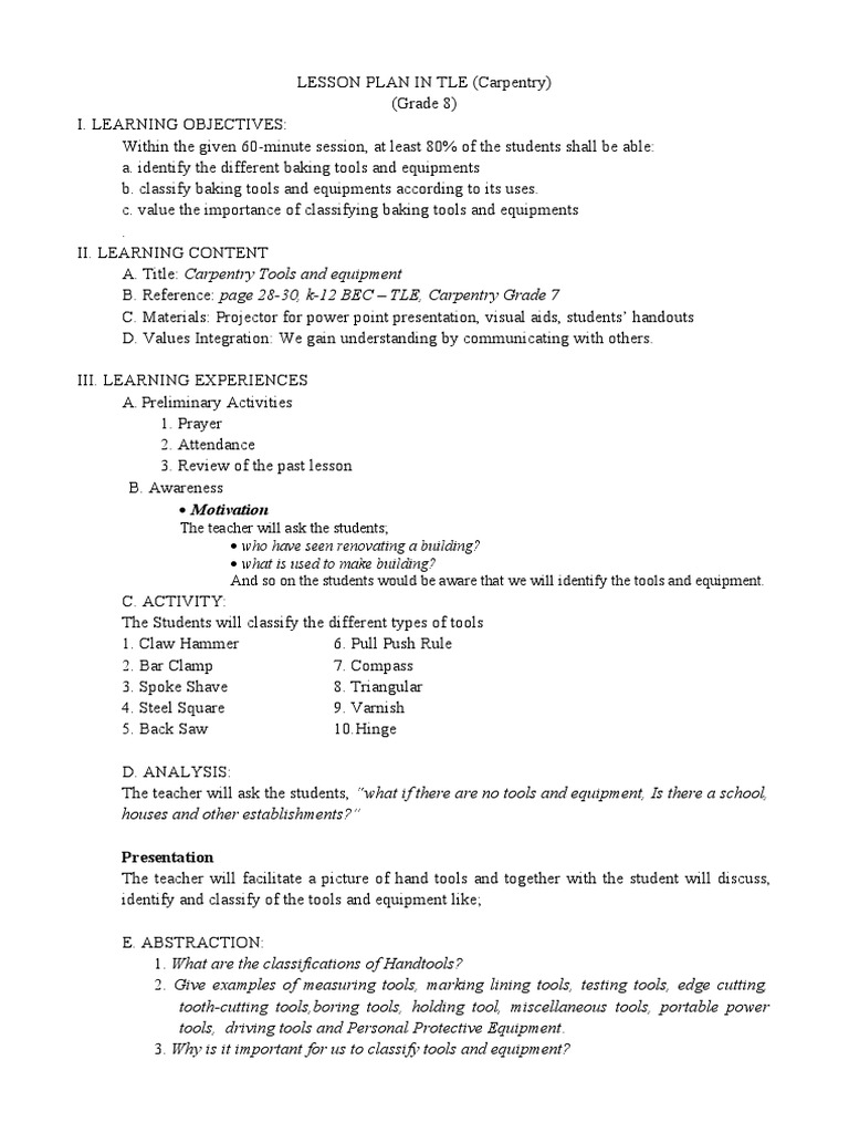 Carpentry Tools Lesson Plan for Grade 8 | PDF | Tools | Wood