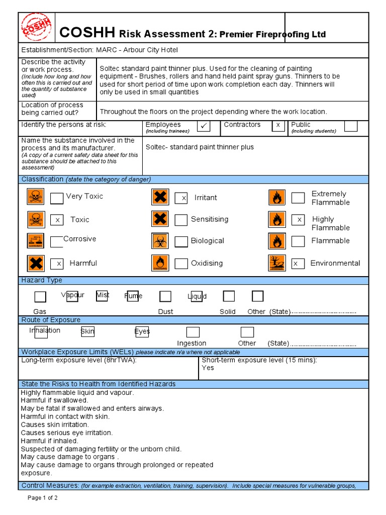 COSHH Risk Assessment for Paint Thinner | PDF | Personal Protective ...