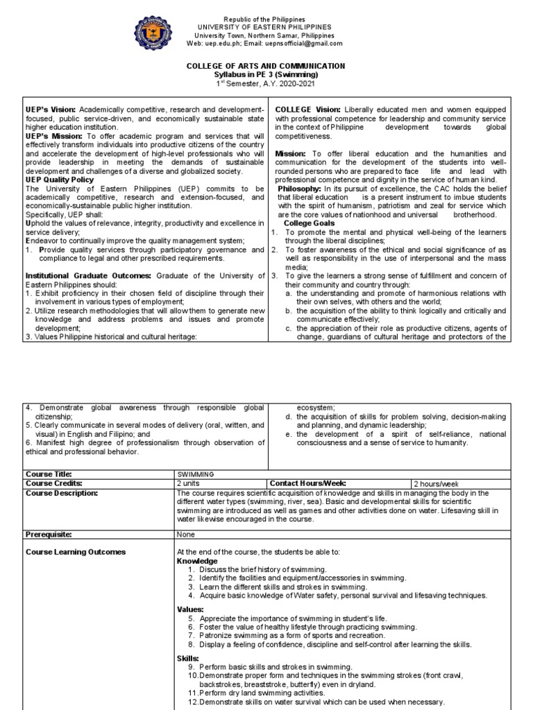 SYLLABUS IN PE 3 SWIMMING PDF Swimming Swimming (Sport)
