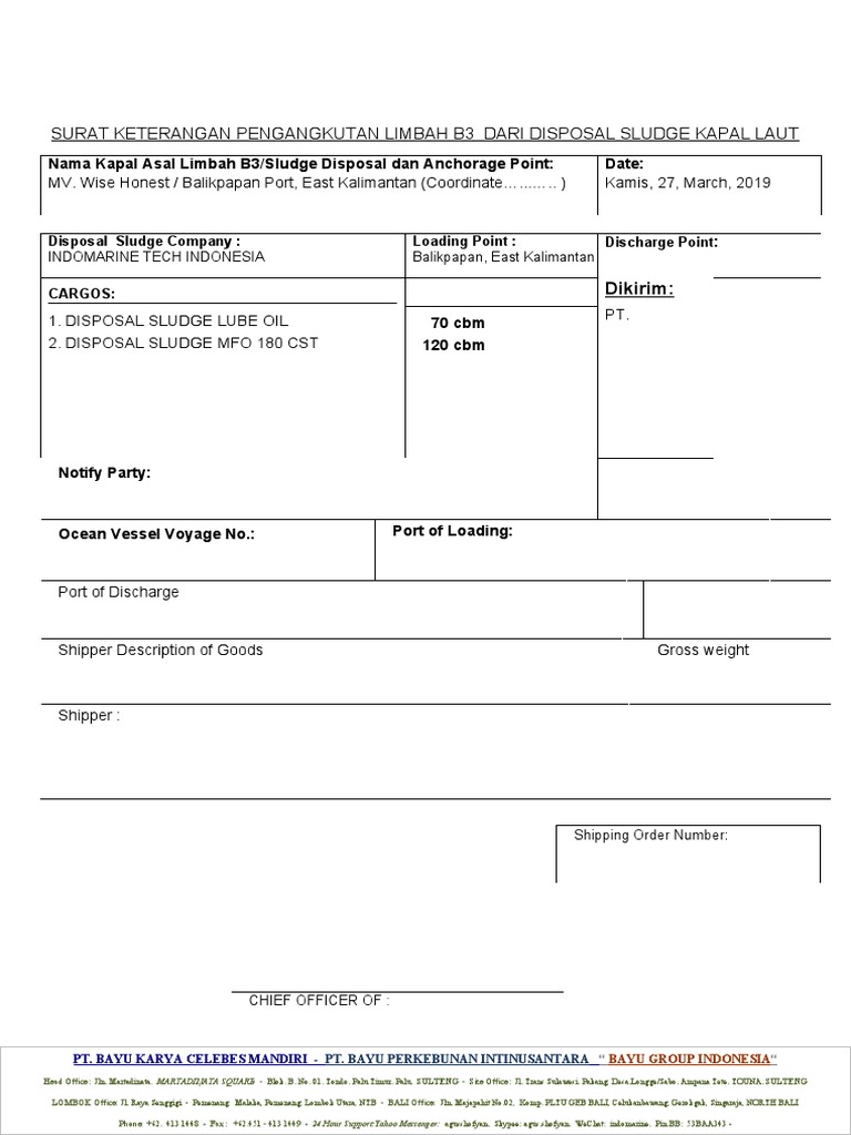 Surat Keterangan Pengangkutan Limbah B3 Dari Disposal Sludge Kapal Laut