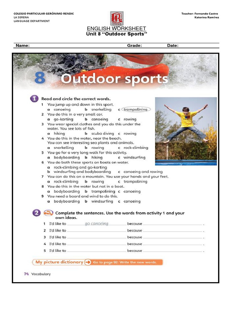 Unit 8 Outdoor Sports Worksheet | PDF
