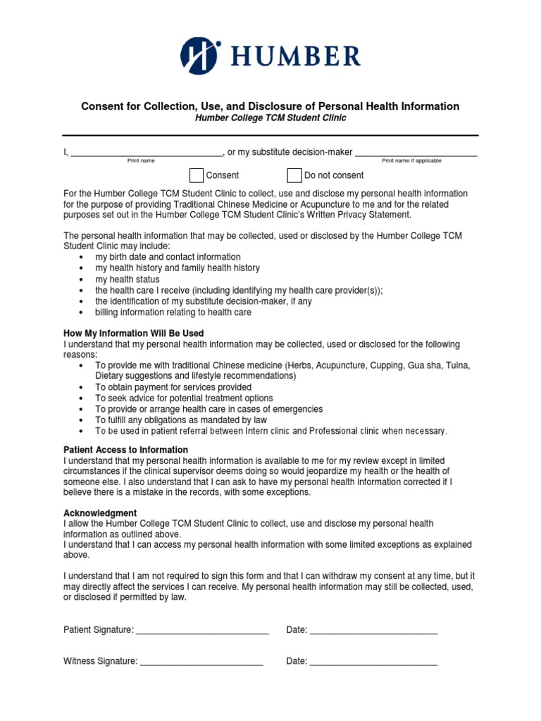 RECEPTION (Fillable) - Consent For Collection, Use, and Disclosure of ...