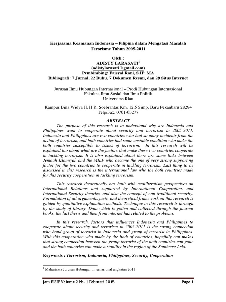 Id Kerjasama Keamanan Indonesia Filipina Dalam Mengatasi Masalah Terorisme Tahun 20 Pdf Philippines Human Rights Abuses