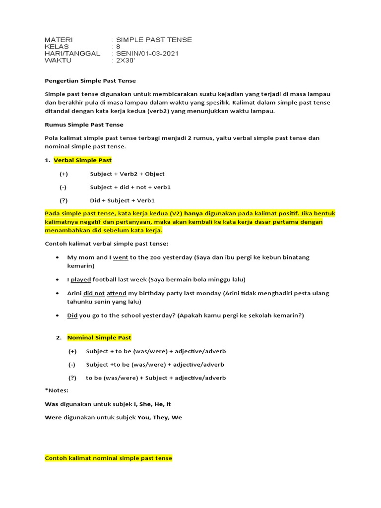 Materi Simple Past Tense Kelas 8 | PDF