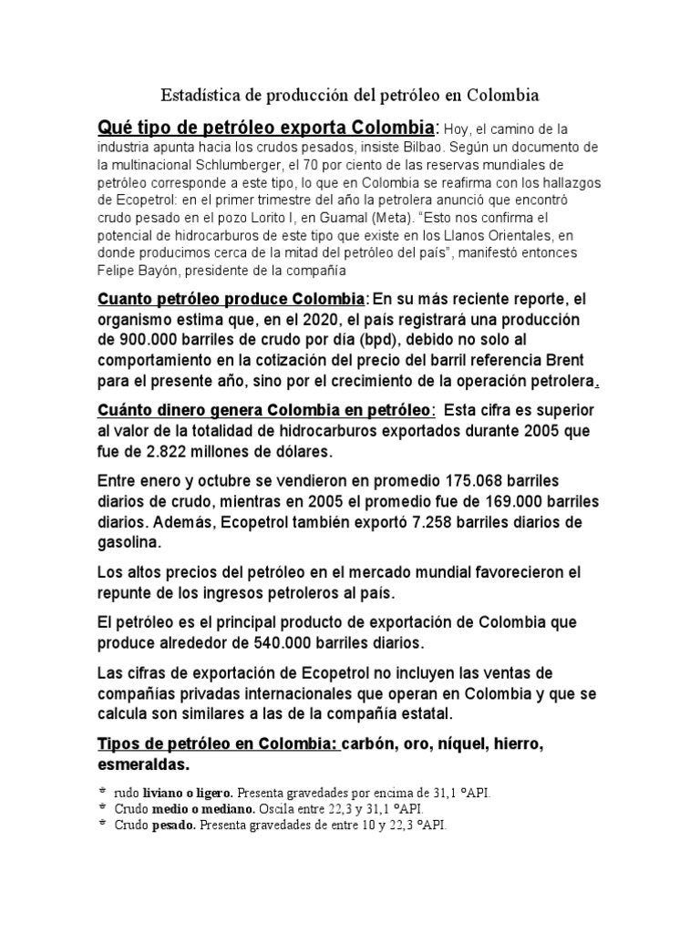 Estadística de Producción Del Petróleo en Colombia | PDF | Líquidos y ...