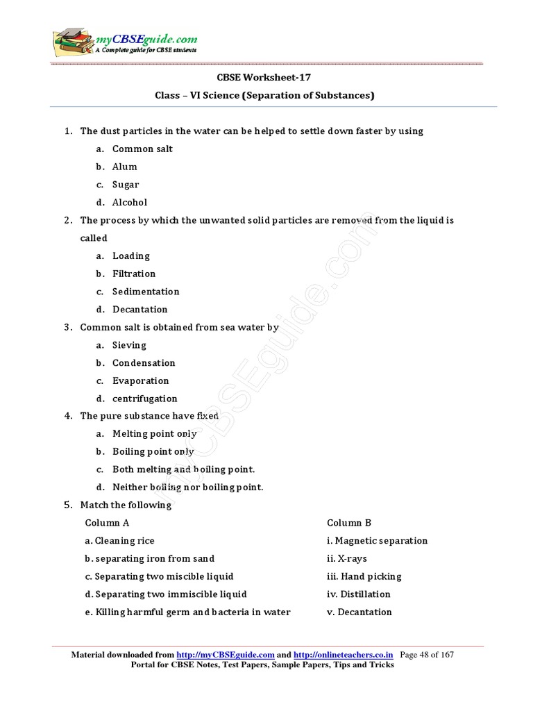 CBSE Worksheet17 Class VI Science (Separation of Substances) PDF
