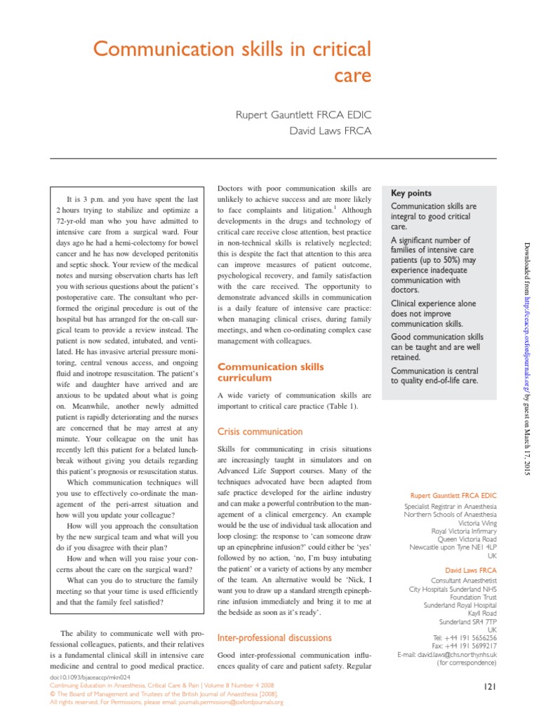 Critical Care Communication Skills | PDF | Intensive Care Medicine ...