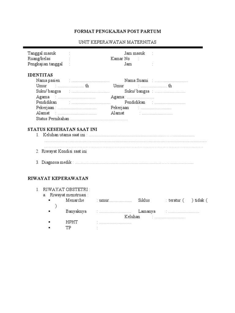 Format Pengkajian Post Partum Ibu | PDF