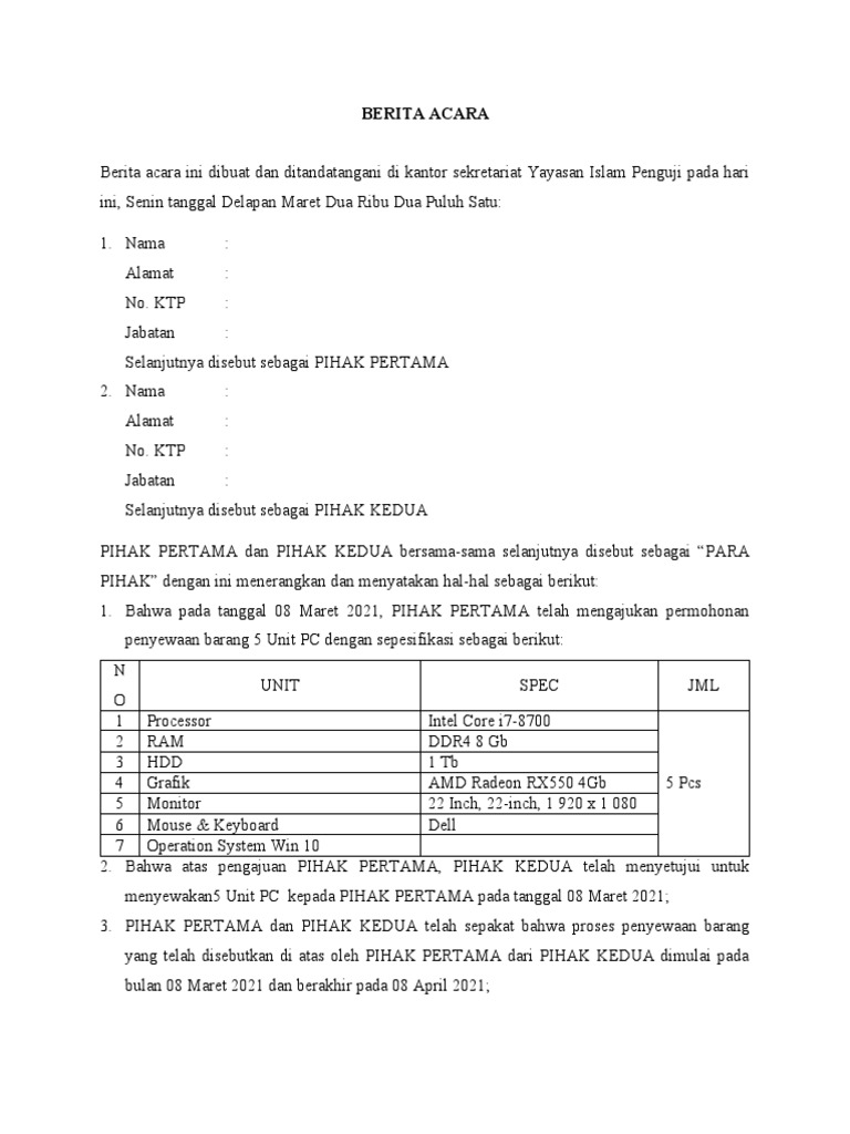 Berita Acara Sewa 5 Unit PC | PDF