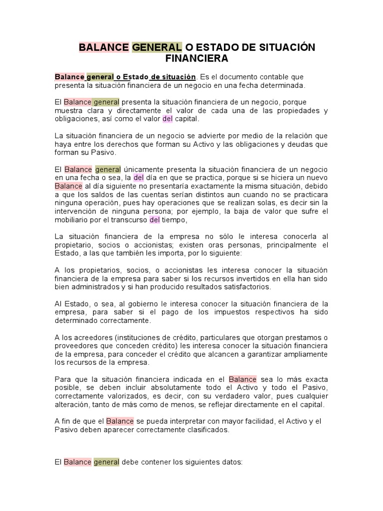 Balance General o Estado de Situacion Financiera | PDF | Hoja de ...