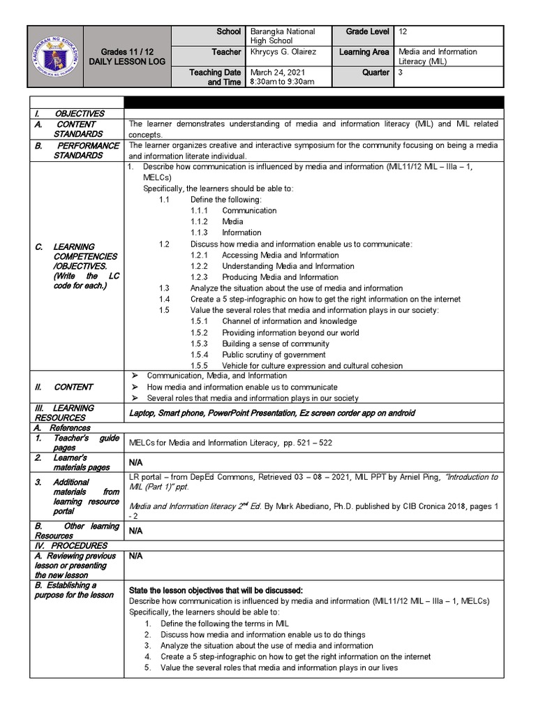 Media Literacy Lesson Plan for Grade 12 | PDF | Information | Mass Media