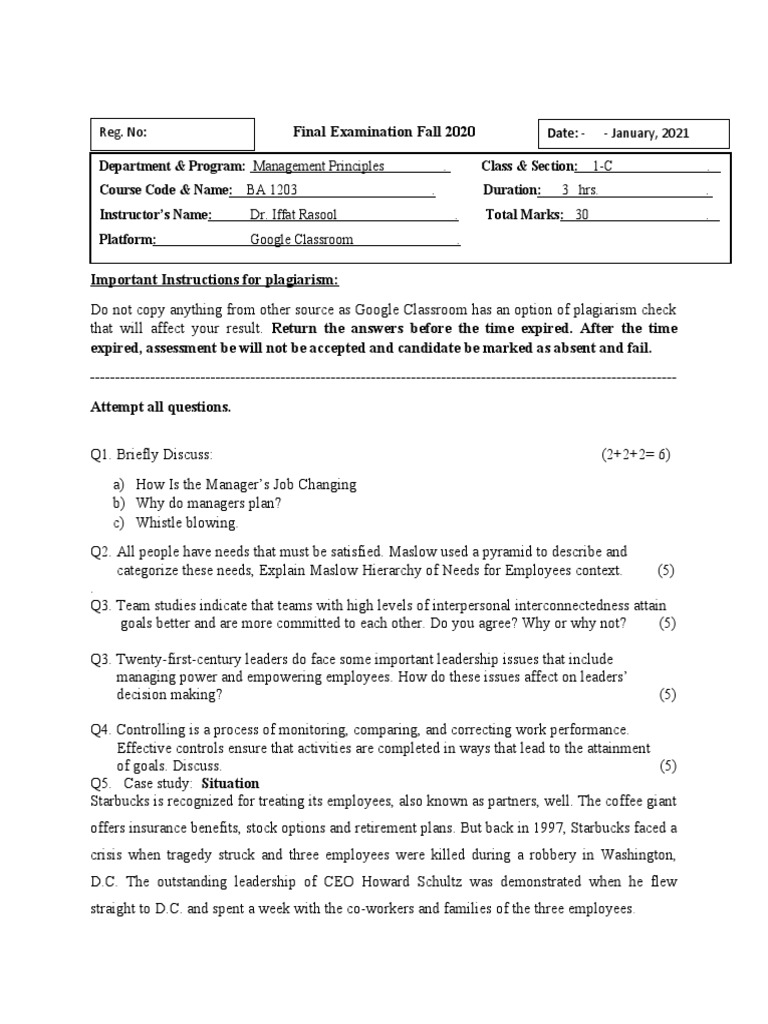 Fall 2020 Management Exam Instructions | PDF | Leadership | Human Nature