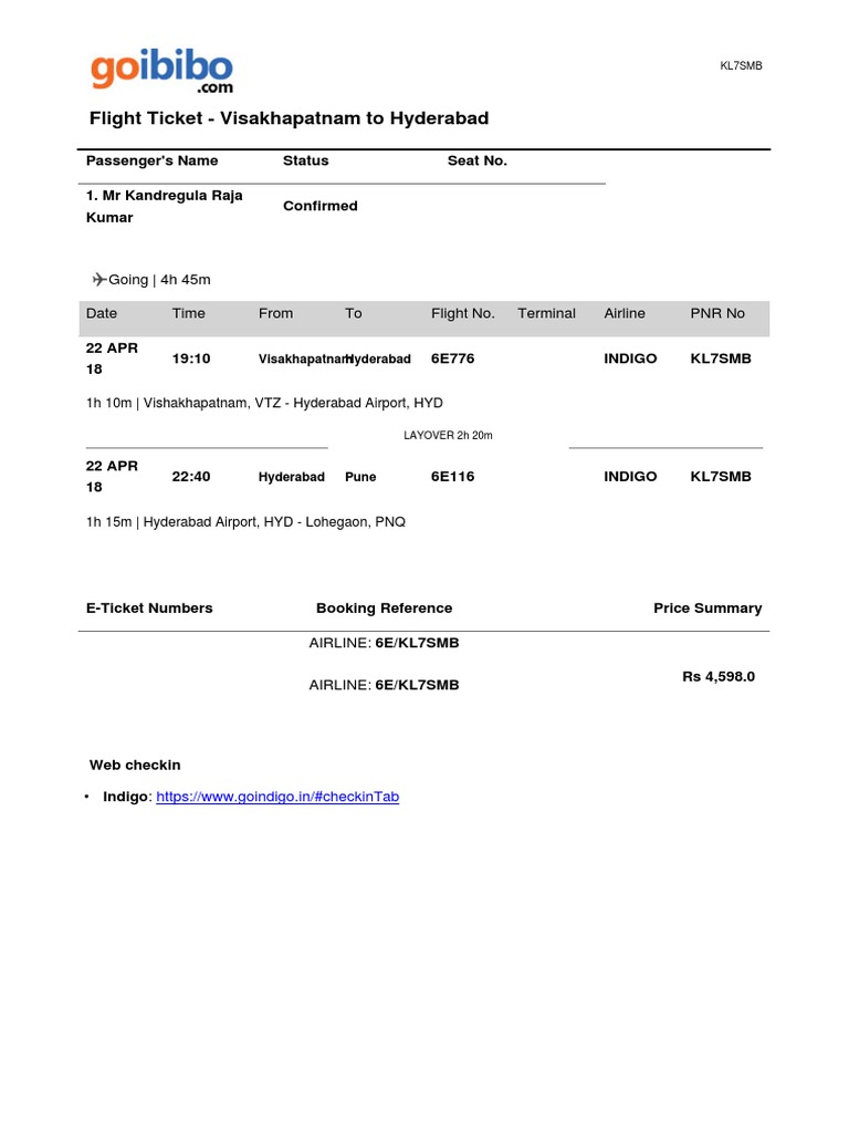 Flight Ticket Visakhapatnam To Hyderabad Passenger's Name Status