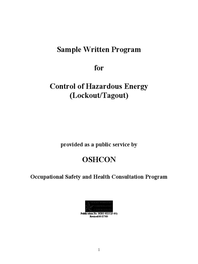 Sample Written Program For Control of Hazardous Energy (Lockout/Tagout