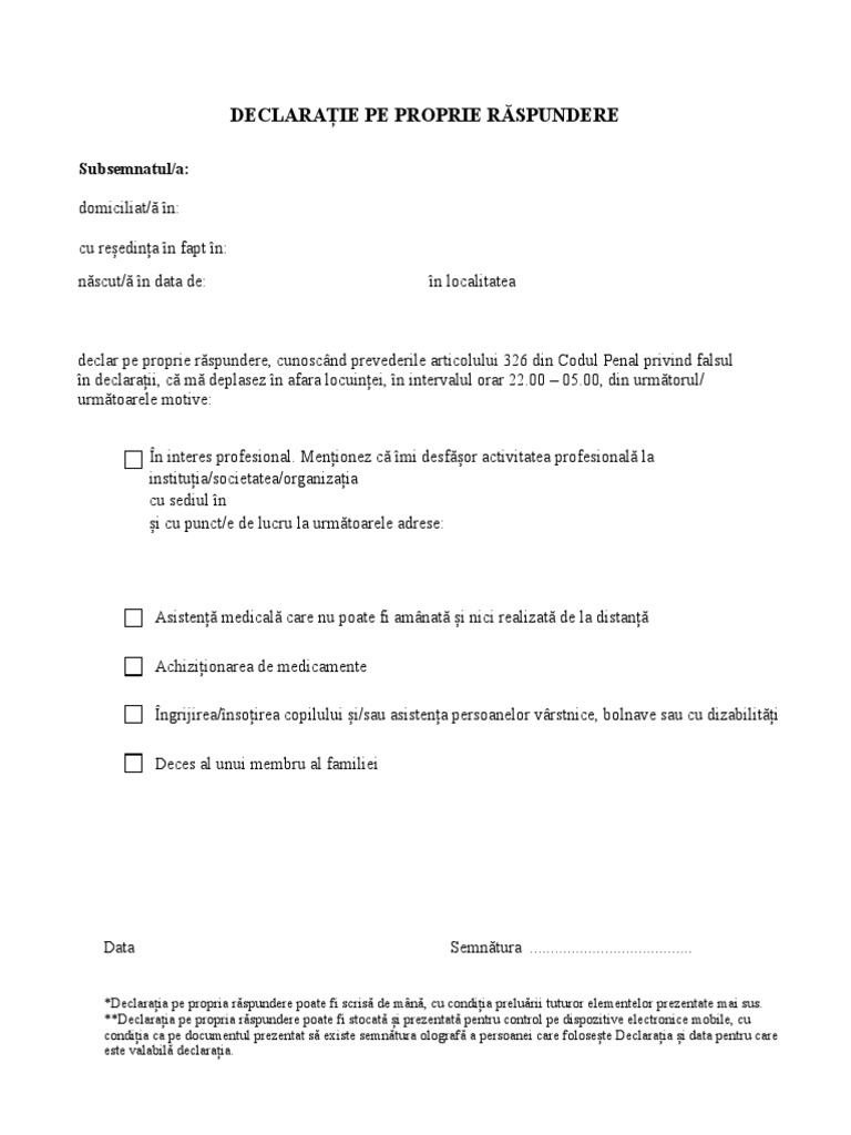 Model Declaratie Proprie Raspundere Noapte 15 Martie 2021