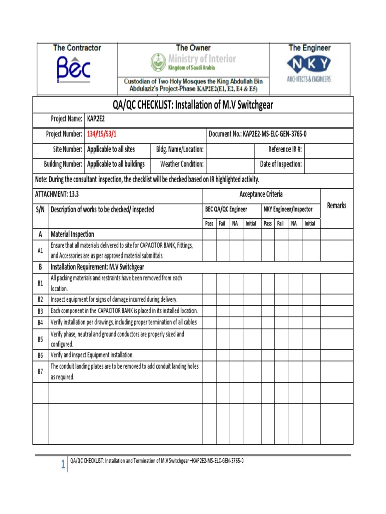 M.V Switchgear Installation QA/QC Checklist | PDF | Electrical ...