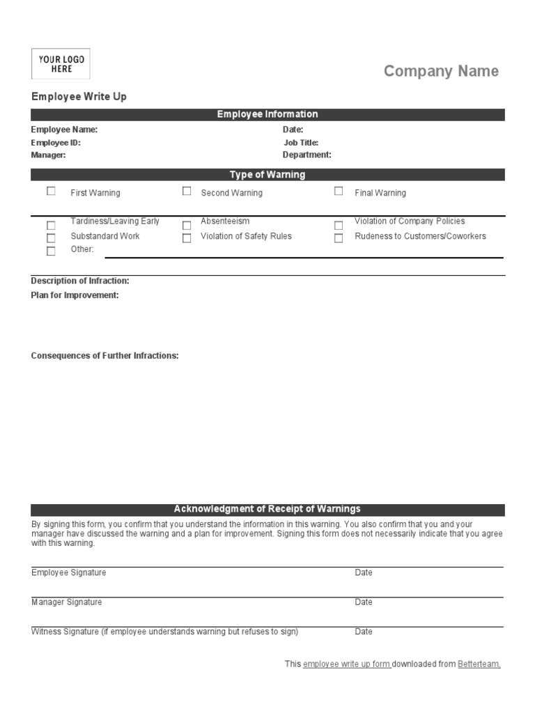 Employee Write Up Form 01 | PDF