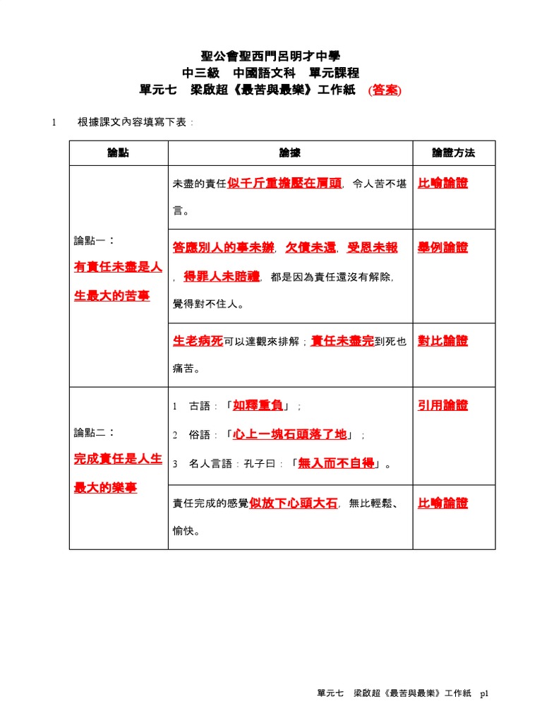 Copy Of 梁啟超 最苦與最樂 工作紙 答案 Pdf