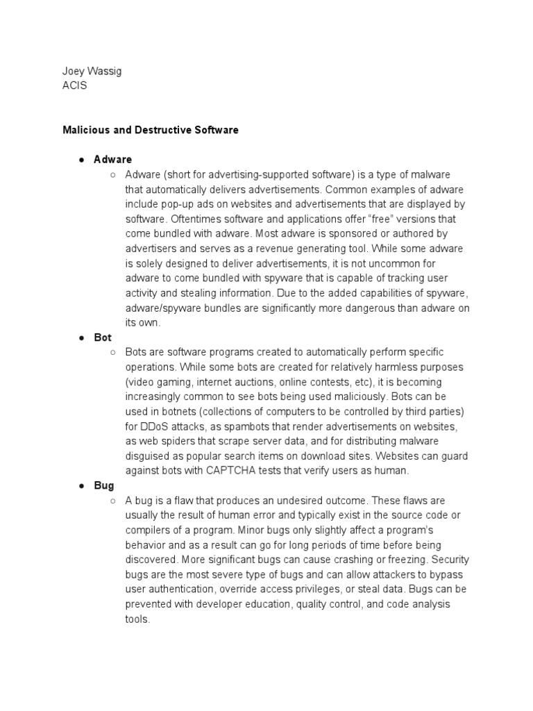 Malicious and Destructive Software Adware: Joey Wassig Acis | PDF ...