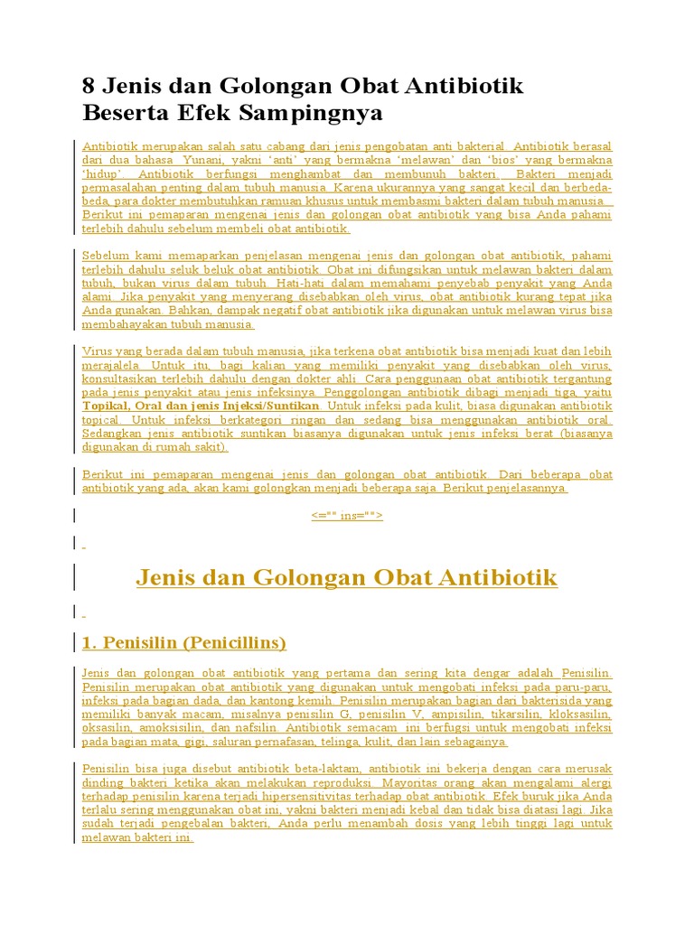 8 Jenis Dan Golongan Obat Antibiotik Beserta Efek Sampingnya | PDF