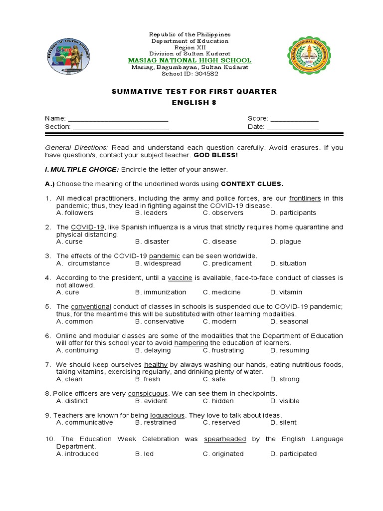 Summative Test For First Quarter English 8 | PDF | Pandemic | Wellness