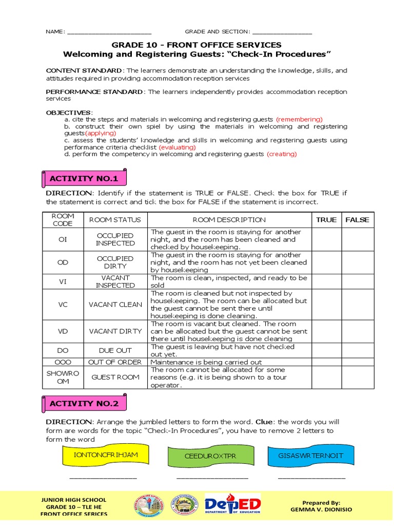 Grade 10 Front Office Services and Registering Guests