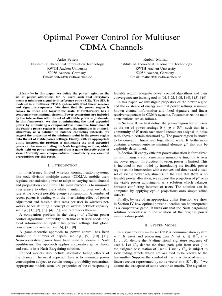 (2005) - Optimal Power Control For Multiuser CDMA Channels | PDF ...
