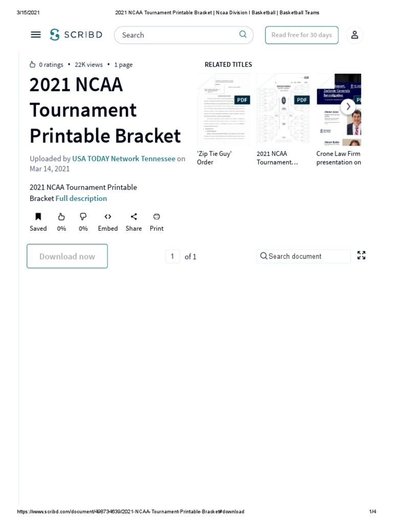 2021 NCAA Tournament Printable Bracket: Download Now | PDF | Scribd ...