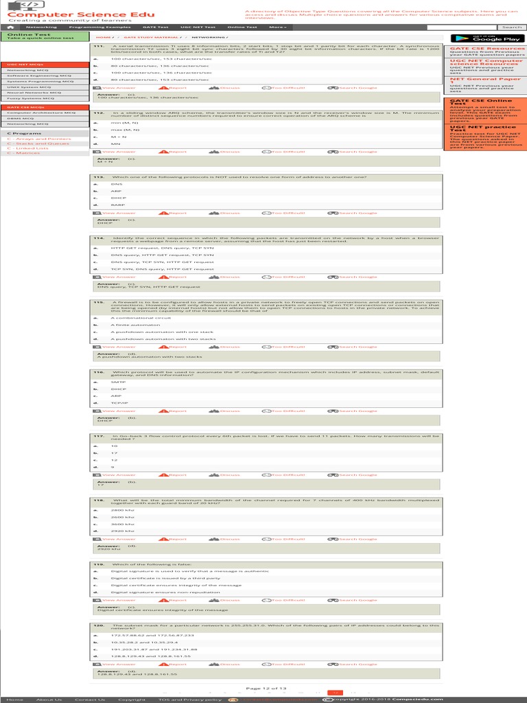 Networking Multiple Choice Questions and AnswersGATE Cse Question