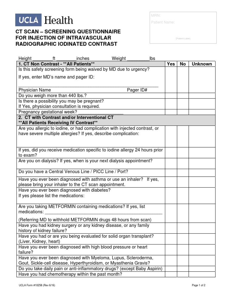 CT Scan Screening Questionnaire For Injection of Intravascular