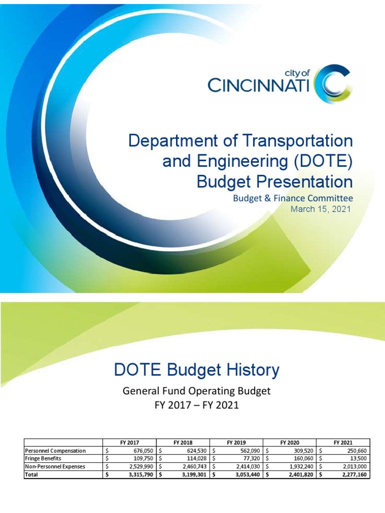 Department of Transportation and Engineering (DOTE) Budget Presentation |  PDF | Government Finances | Transport