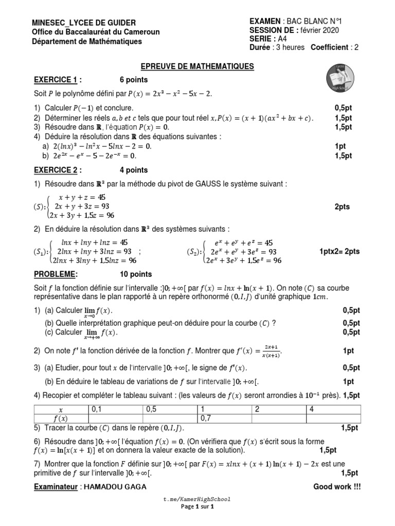 Sujet Type Bac Maths Terminale S Avec Corrigé Épreuves Maths Ta4 | PDF | Tangente (géométrie) | Fonction (Mathématiques)