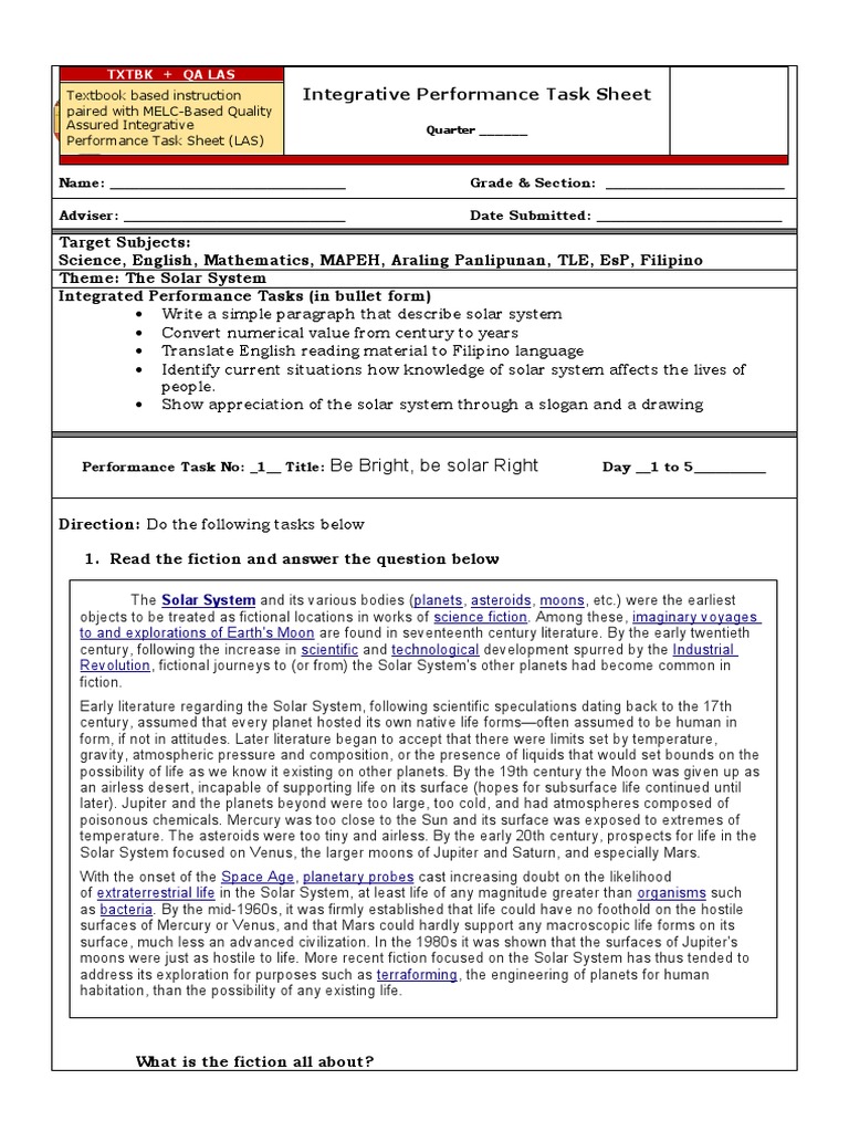 Integrative Performance Task on Solar System | PDF | Solar System | Planets