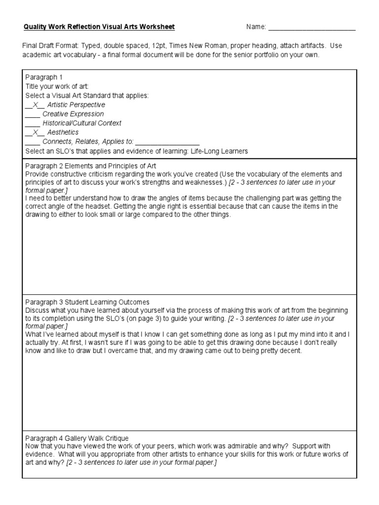 Visual Arts Reflection Worksheet | PDF | Paragraph | Vocabulary