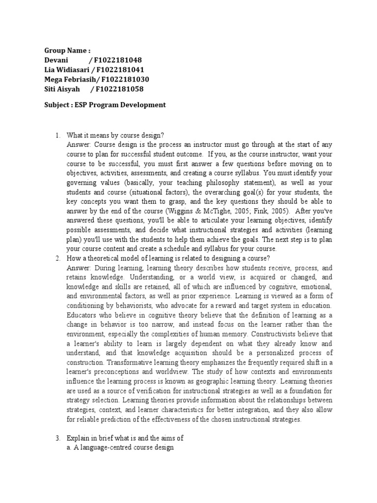 ESP Course Design: Key Approaches Explained | PDF | Learning Theory ...
