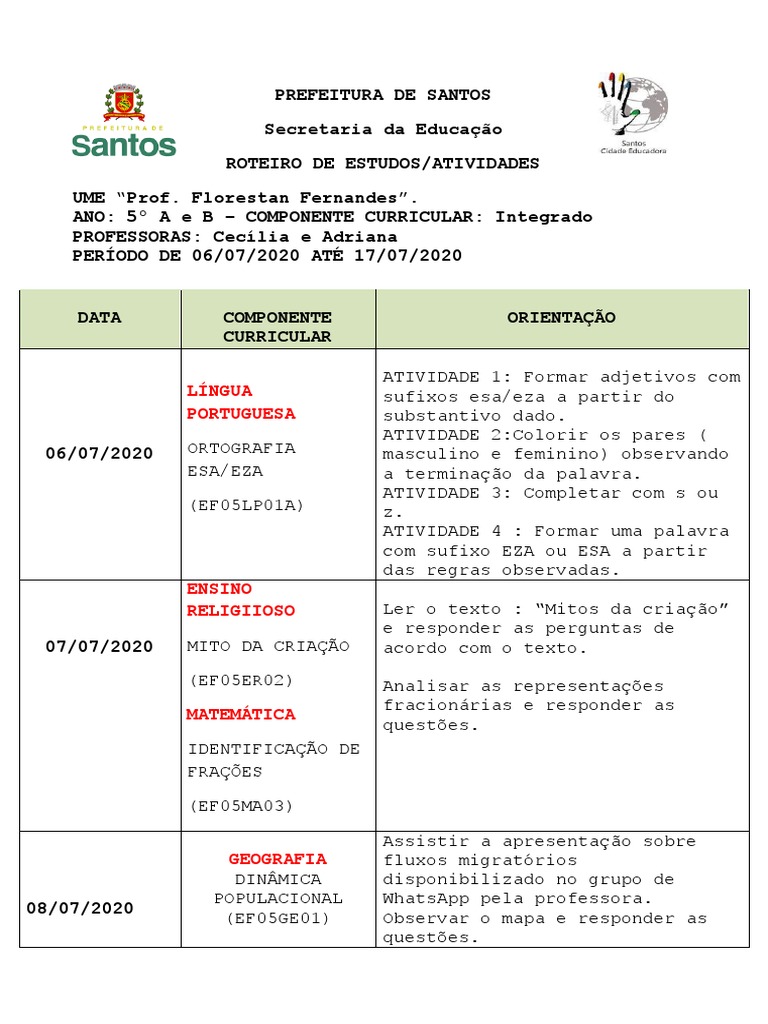 PREFEITURA DE SANTOS Secretaria de Educação ROTEIRO DE ESTUDO/ATIVIDADES  UME: PEDRO CRESCENTI ANO: 2ºs A, B, C, D, E, F COMPO