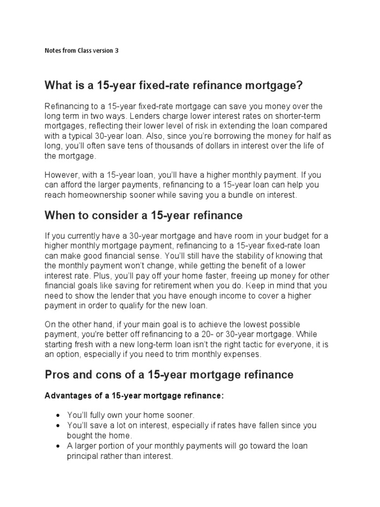 What Is A 15Year FixedRate Refinance Mortgage? Notes From Class