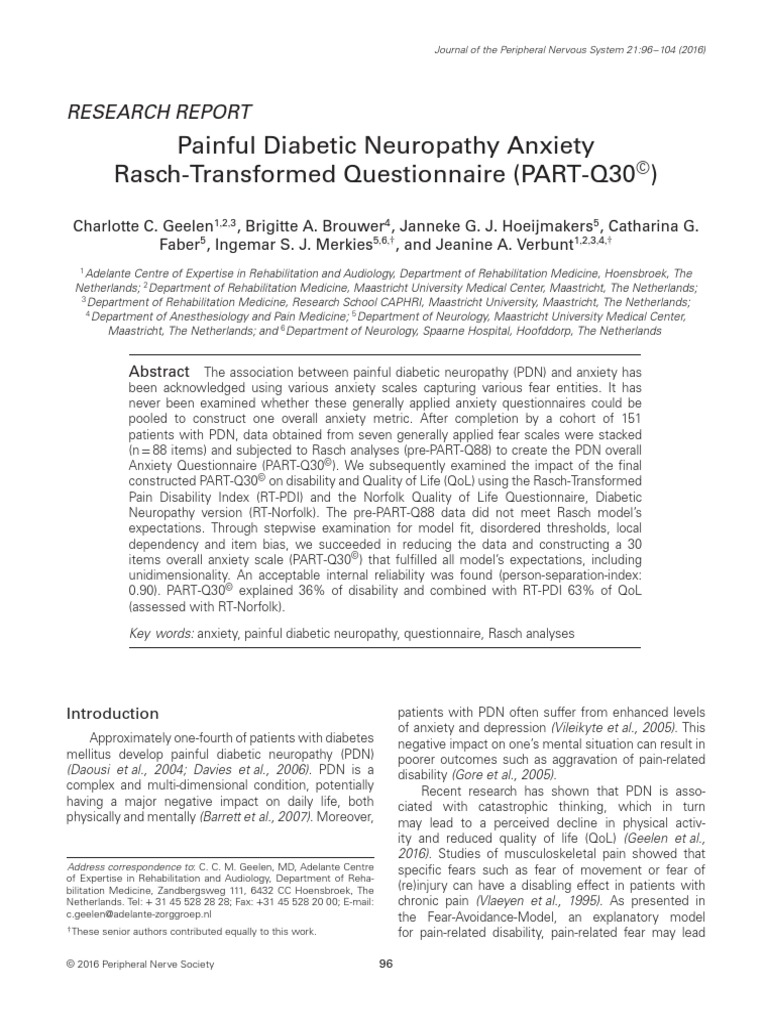 Painful Diabetic Neuropathy Anxiety RaschTransformed Questionnaire